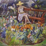 [Female in Yellow Hat on Garden Bench], 1960s